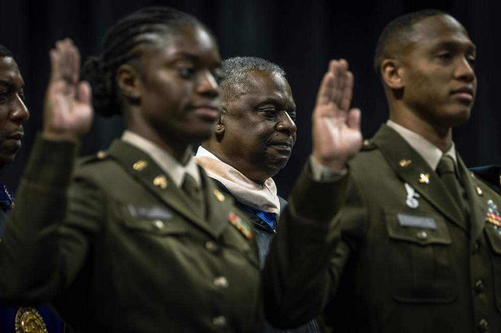 Secretary of Defense Lloyd J Austin speaking at the Fayetteville State University graduation 2023