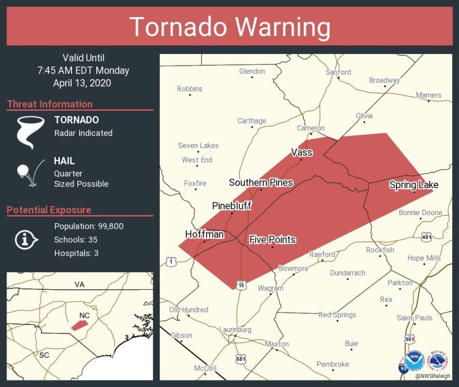 ALERT Tornado Warning For Southern Pines, Spring Lake, Aberdeen Areas