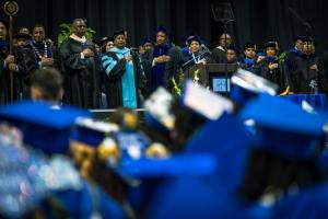 Secretary of Defense Lloyd J Austin speaking at the Fayetteville State University graduation 2023